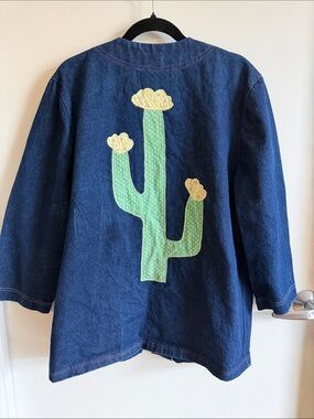 Wearable Art Gardencore Denim Cardigan with Green Cactus Appliqué
